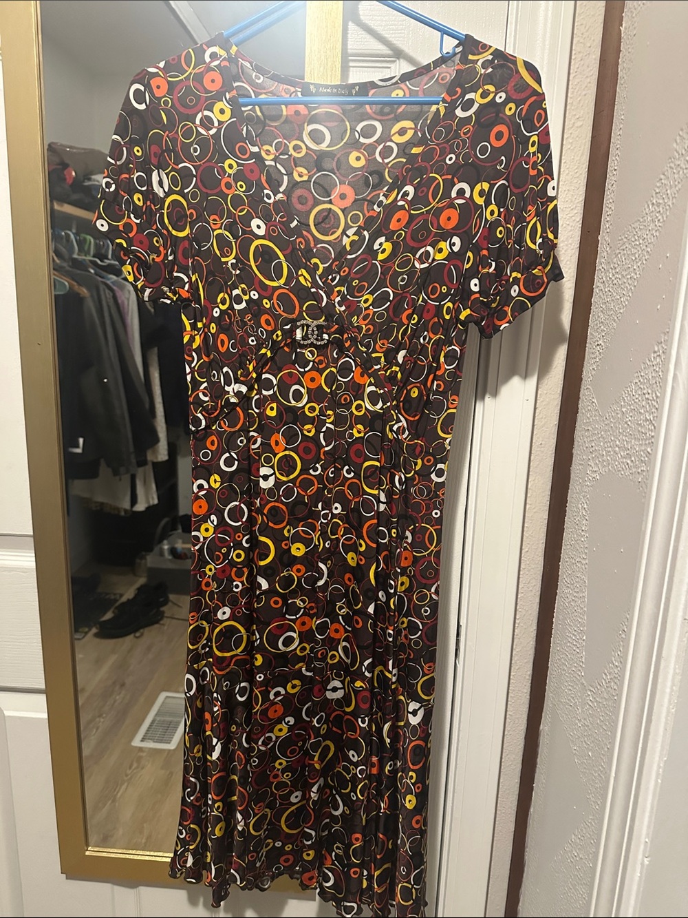 Brown Retro Circle-Print Midi Dress in Multicolor